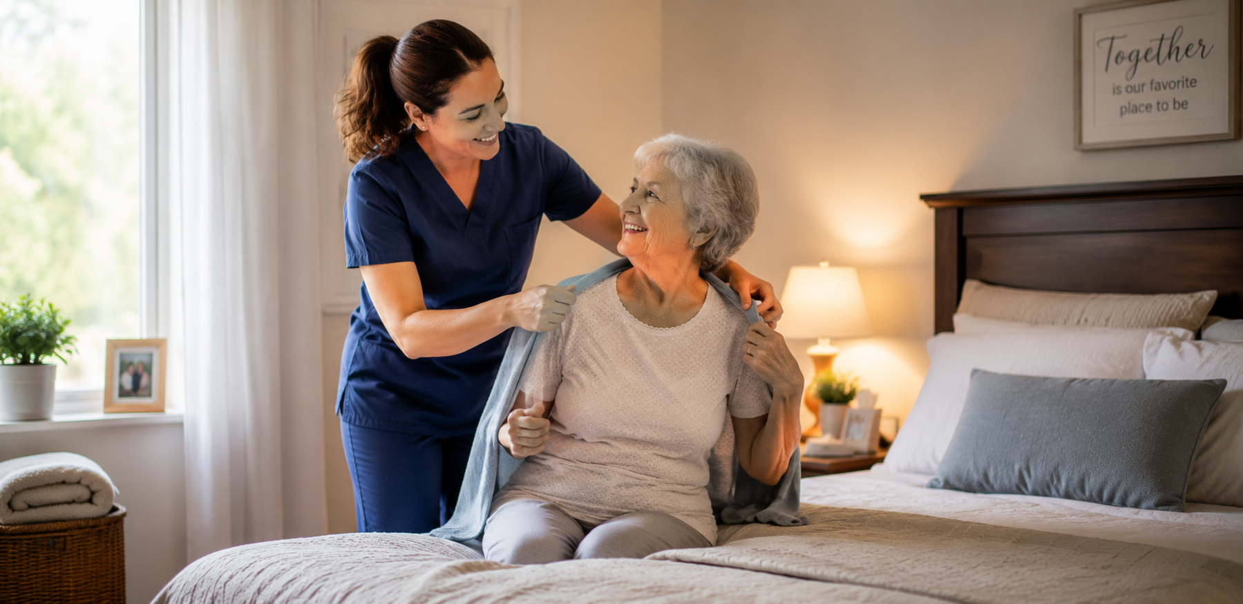 Caregiver helping a senior settle comfortably at home